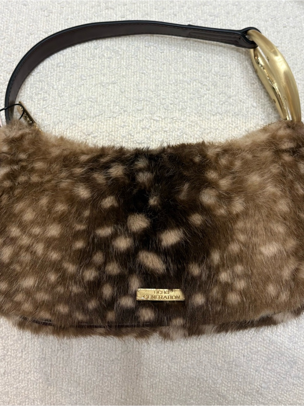 NWT BCBGeneration BAMBI Faux Fur Shoulder Bag with Black Strap Gold Hardware